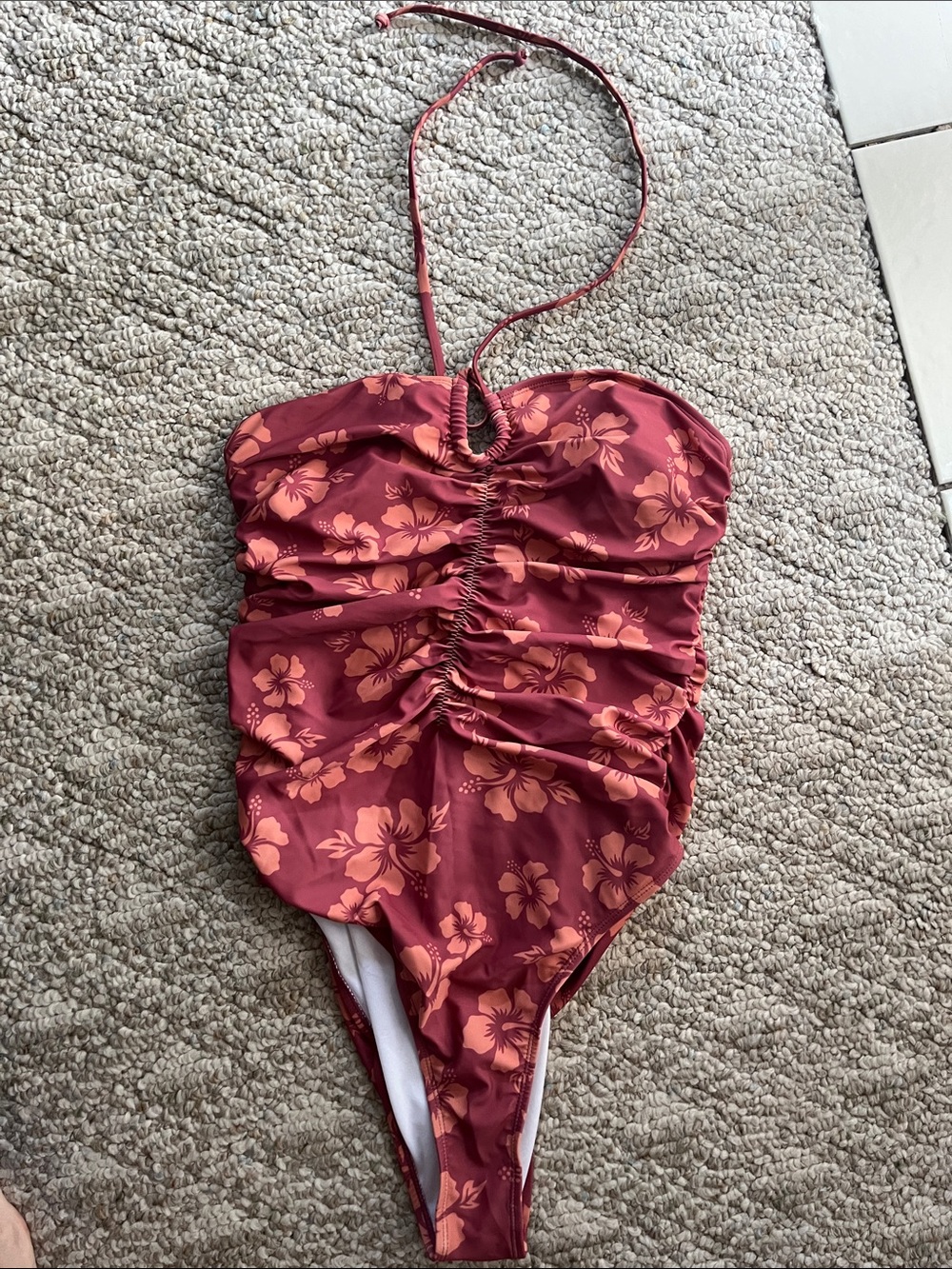 Women’s Floral Ruched One-Piece Swimsuit - Rust Pink